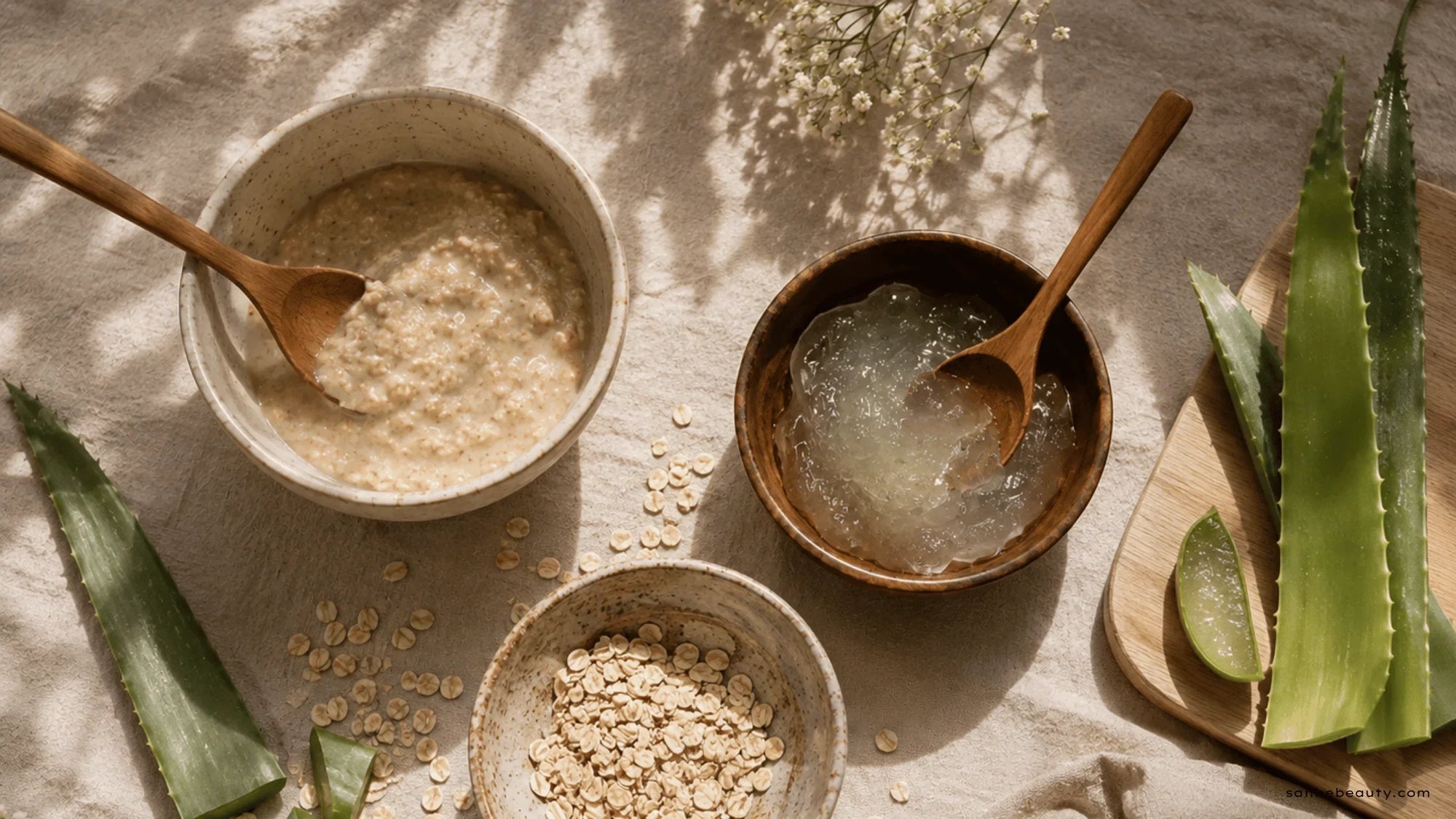 Oat and Aloe Face Mask Ingredients laid on a linen